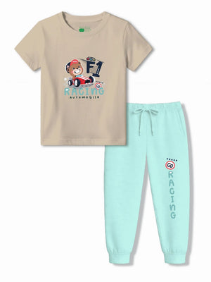 Bambify Eco Friendly Sustainable Kids Joggers Set ‚ F1 Racing Beige & Light Blue Bambify India Beige 3-4 Years bamboo cotton kids clothing India