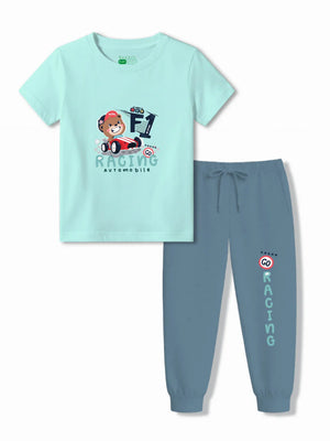 F1 Racing Light Blue & Dusty Blue Kids Joggers Set Size 3-4 Years ‚ Bambify India