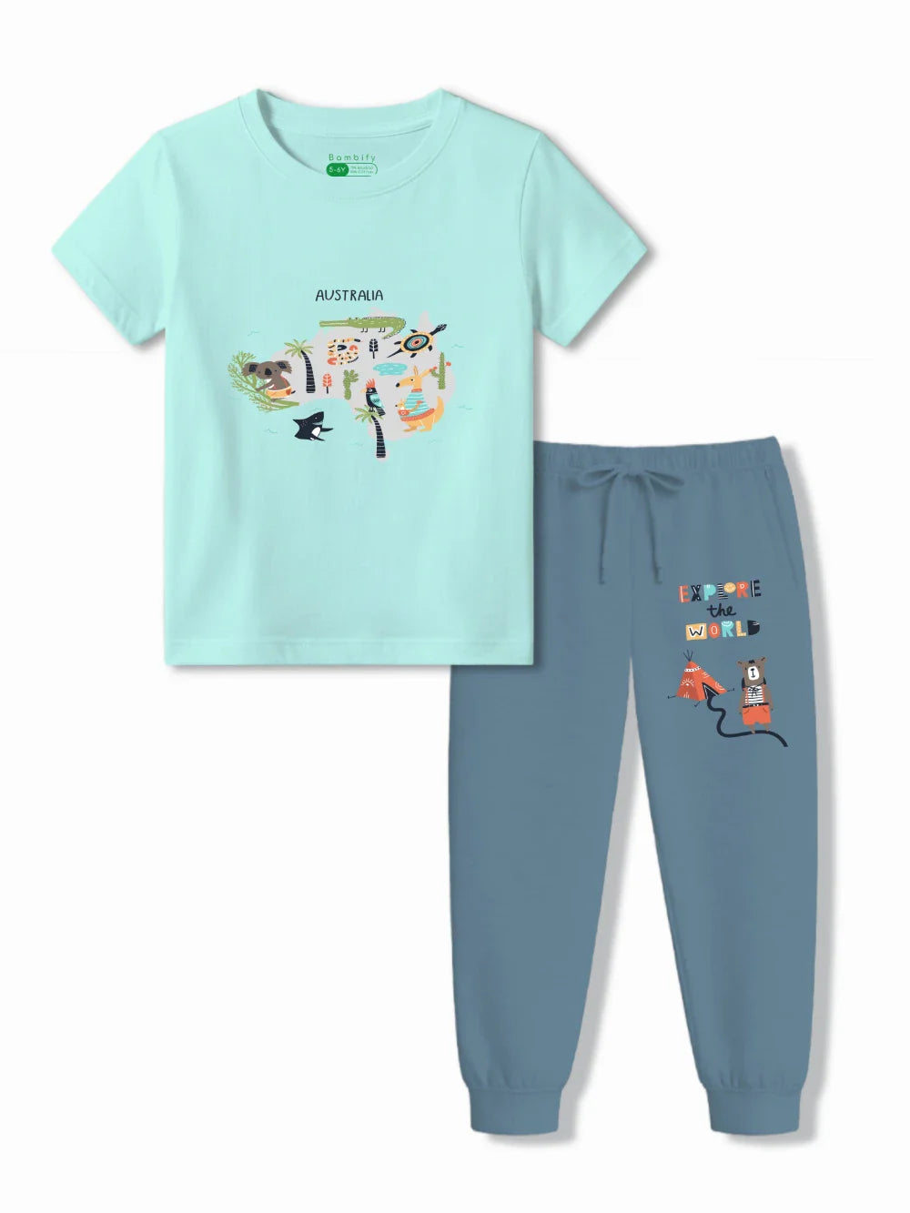 Australia Light Blue & Dusty Blue Kids T-Shirt & Joggers Set Size 3-4 Years ‚ Bambify India
