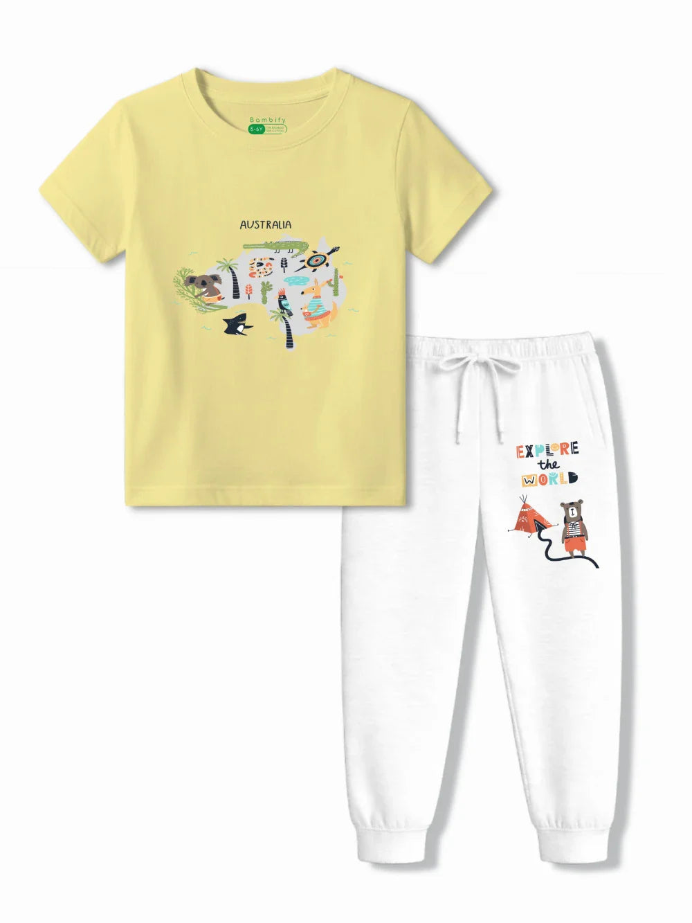 Australia Yellow & White Kids T-Shirt & Joggers Set Size 3-4 Years ‚ Bambify India