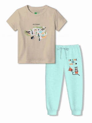 Bambify Eco Friendly Sustainable Kids T-Shirt & Joggers Set ‚ Australia Beige & Light Blue Bambify India Beige 3-4 Years bamboo cotton kids clothing India