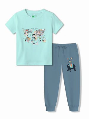 Animal World Light Blue & Dusty Blue Kids T-Shirt & Joggers Set Size 3-4 Years ‚ Bambify India