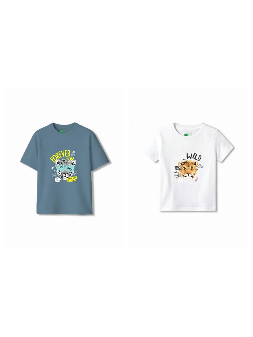 Bambify Kids T-Shirt Set The Lion & Cheetah Fun White & Dusty Blue 11-12 Years bamboo cotton kids clothing India