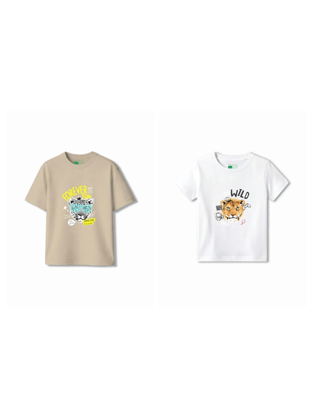 Bambify Kids T-Shirt Set The Lion & Cheetah Fun White & Beige 9-10 Years bamboo cotton kids clothing India