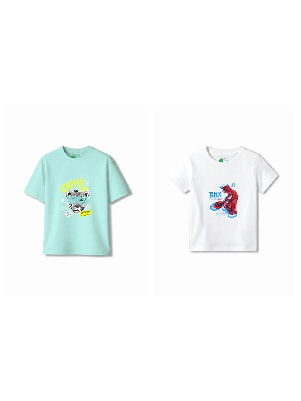 Bambify Kids T-Shirt Set BMX Racing & Cheetah Fun White & Light Blue 5-6 Years bamboo cotton kids clothing India