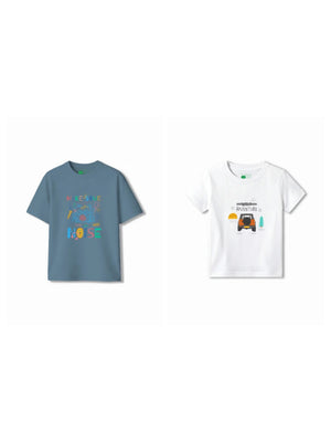 Bambify Kids T-Shirt Set Wild Adventure & Noise White & Dusty Blue 5-6 Years bamboo cotton kids clothing India