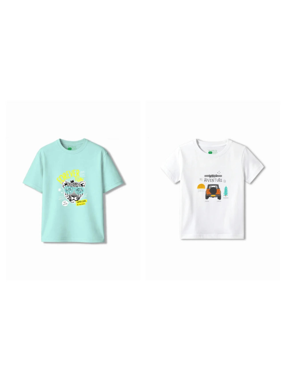 Bambify Kids T-Shirt Set Wild Adventure & Cheetah Fun White & Light Blue 5-6 Years bamboo cotton kids clothing India