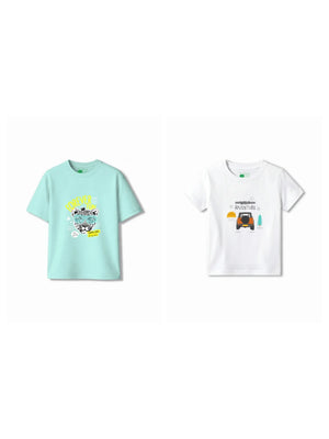 Bambify Kids T-Shirt Set Wild Adventure & Cheetah Fun White & Light Blue 5-6 Years bamboo cotton kids clothing India