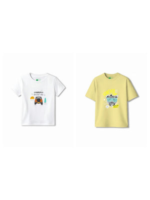 Bambify Kids T-Shirt Set Wild Adventure & Cheetah Fun White & Yellow 5-6 Years bamboo cotton kids clothing India