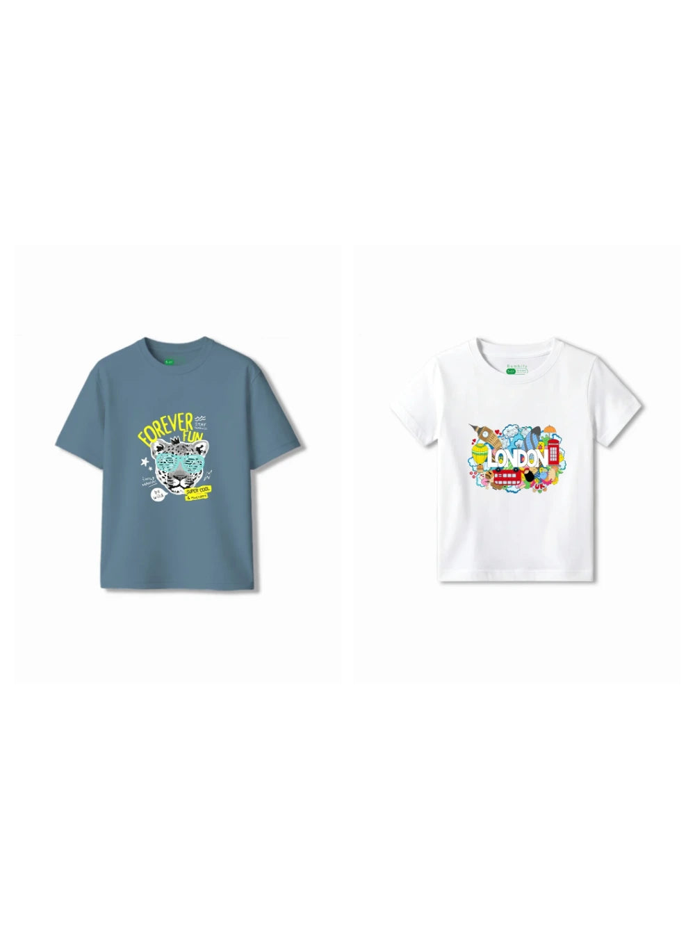 Bambify Kids T-Shirt Set London & Cheetah Fun White & Dusty Blue 11-12 Years bamboo cotton kids clothing India