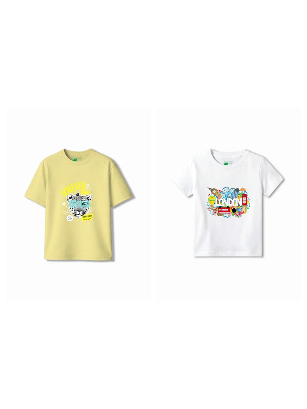 Bambify Kids T-Shirt Set London & Cheetah Fun White & Yellow 5-6 Years bamboo cotton kids clothing India