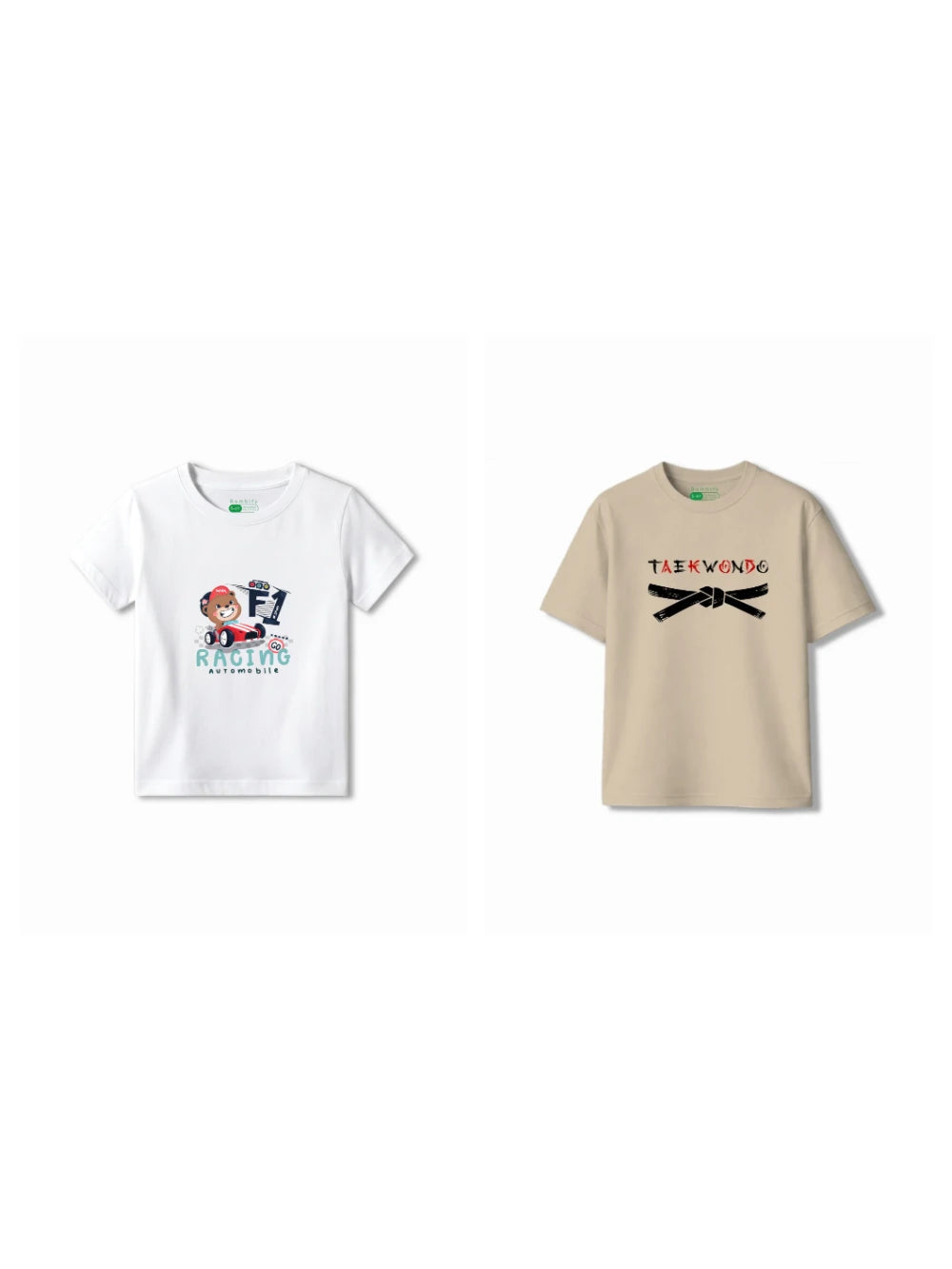 Bambify Kids T-Shirt Set F1 Racing & Taekwondo White & Beige 9-10 Years bamboo cotton kids clothing India