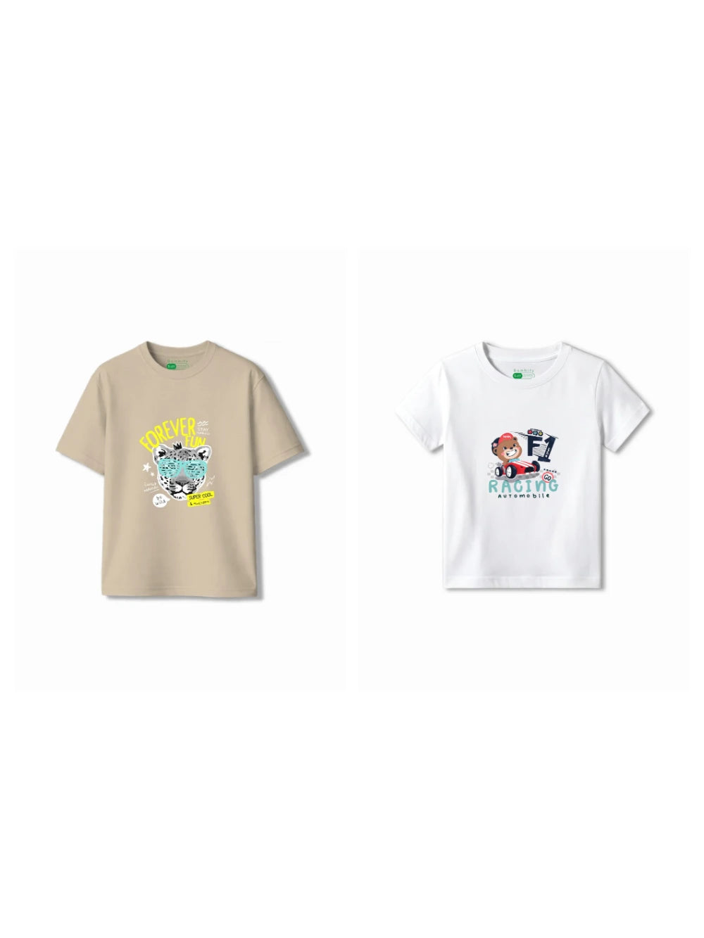 Bambify Kids T-Shirt Set F1 Racing & Cheetah Fun White & Beige 11-12 Years bamboo cotton kids clothing India