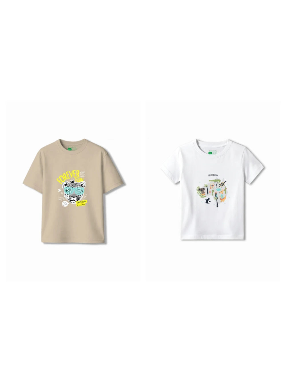 Bambify Kids T-Shirt Set Australia & Cheetah Fun White & Beige 5-6 Years bamboo cotton kids clothing India