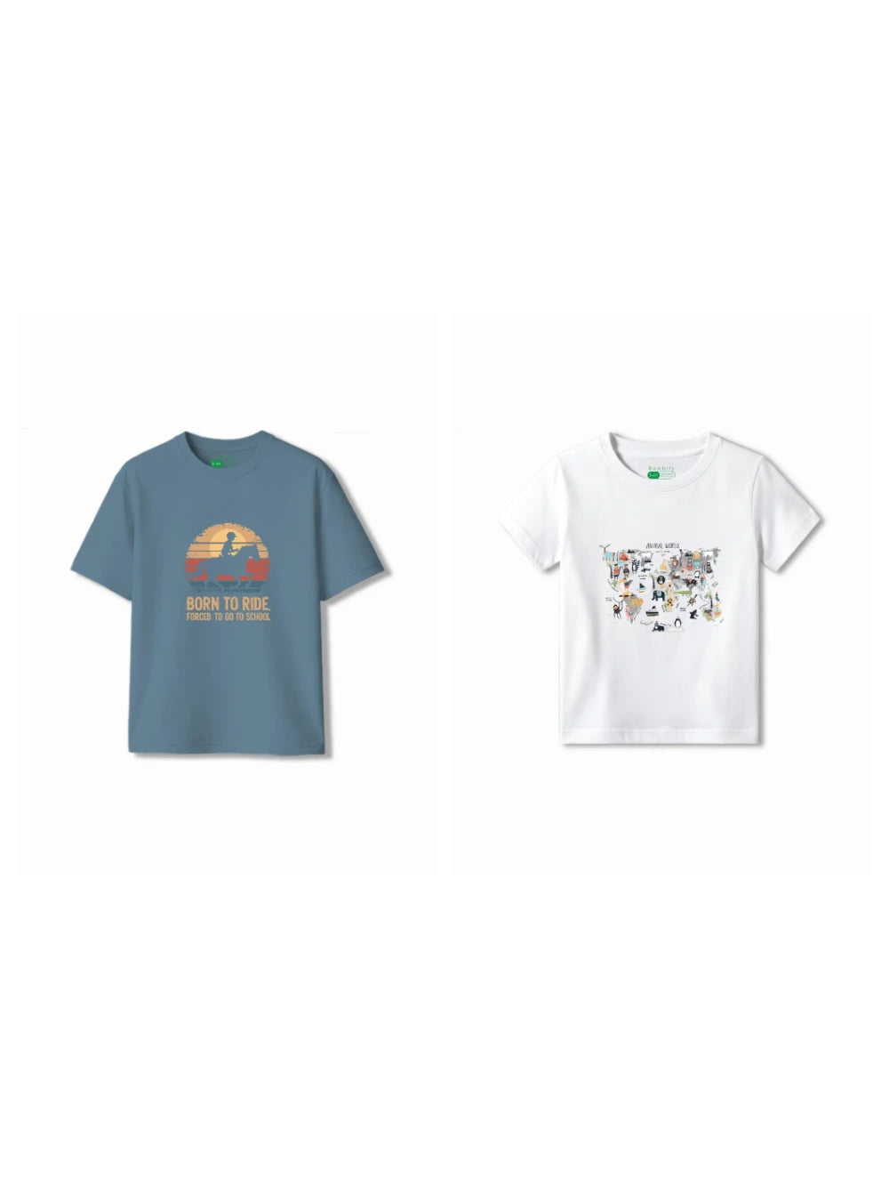 Bambify Kids T-Shirt Set Animal World & Born to Ride White & Dusty Blue 5-6 Years bamboo cotton kids clothing India