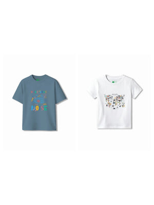 Bambify Kids T-Shirt Set Animal World & Noise White & Dusty Blue 11-12 Years bamboo cotton kids clothing India