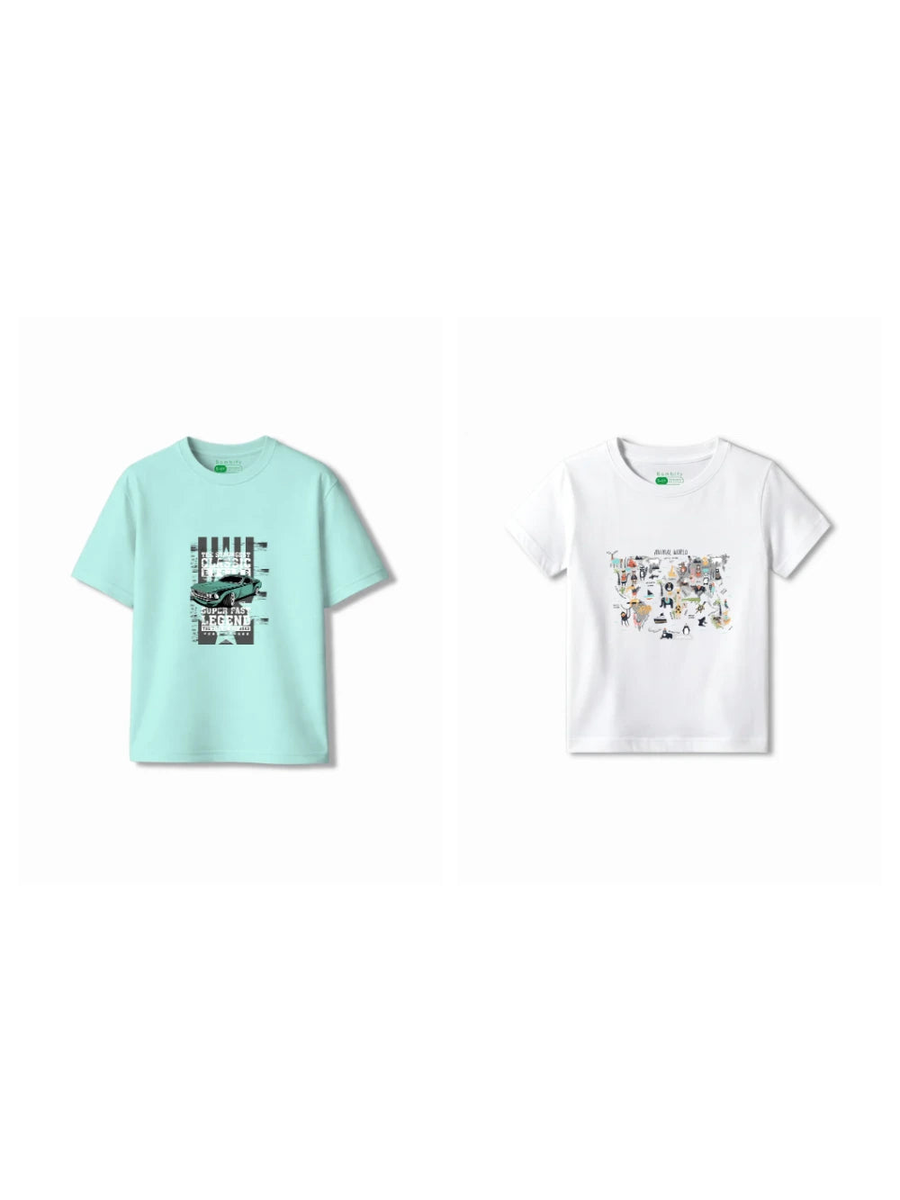 Bambify Kids T-Shirt Set Animal World & Super Fast White & Light Blue 3-4 Years bamboo cotton kids clothing India
