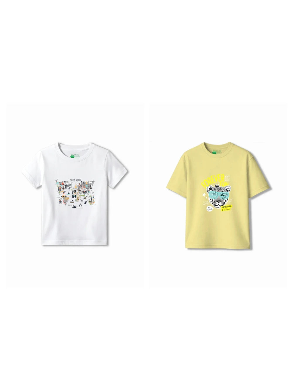 Bambify Kids T-Shirt Set Animal World & Cheetah Fun White & Yellow 3-4 Years bamboo cotton kids clothing India