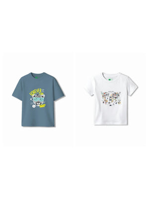 Bambify Kids T-Shirt Set Animal World & Cheetah Fun White & Dusty Blue 7-8 Years bamboo cotton kids clothing India
