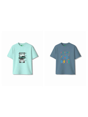 Bambify Kids T-Shirt Set Noise & Super Fast Dusty Blue & Light Blue 3-4 Years bamboo cotton kids clothing India