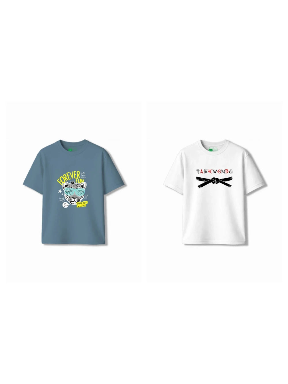 Bambify Kids T-Shirt Set Taekwondo & Cheetah Fun White & Dusty Blue 9-10 Years bamboo cotton kids clothing India