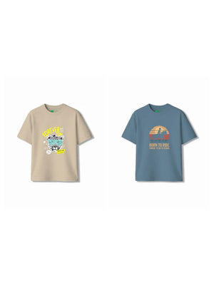 Bambify Kids T-Shirt Set Cheetah Fun & Born to Ride Beige & Dusty Blue 3-4 Years bamboo cotton kids clothing India