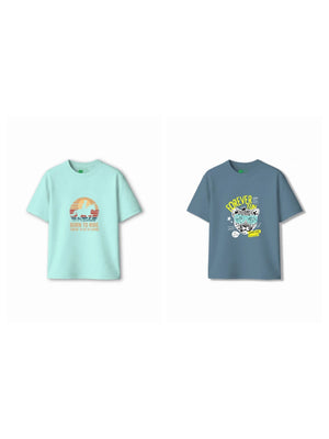 Bambify Kids T-Shirt Set Cheetah Fun & Born to Ride Dusty Blue & Light Blue 3-4 Years bamboo cotton kids clothing India