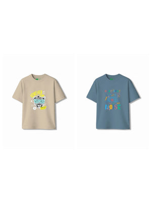Bambify Kids T-Shirt Set Cheetah Fun & Noise Beige & Dusty Blue 3-4 Years bamboo cotton kids clothing India