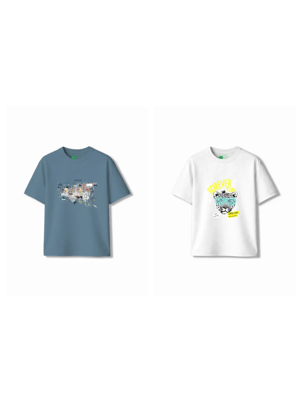 Bambify Kids T-Shirt Set Cheetah Fun & Eurasia White & Dusty Blue 5-6 Years bamboo cotton kids clothing India