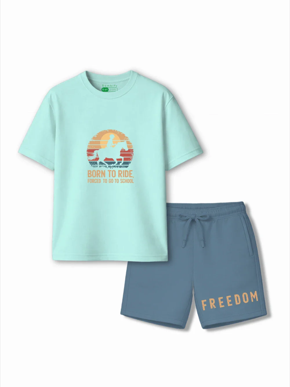 Born to Ride Light Blue & Dusty Blue Low Shoulder Shorts Set Size 3-4 Years Bamboo Cotton ‚ Bambify India