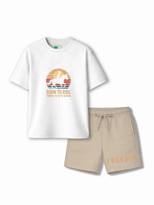 Born to Ride White & Beige Low Shoulder Shorts Set Size 3-4 Years Bamboo Cotton ‚ Bambify India