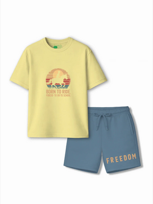 Born to Ride Yellow & Dusty Blue Low Shoulder Shorts Set Size 3-4 Years Bamboo Cotton ‚ Bambify India