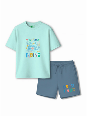 Noise Light Blue & Dusty Blue Drop Shoulder Shorts Set Size 3-4 Years Bamboo Cotton ‚ Bambify India