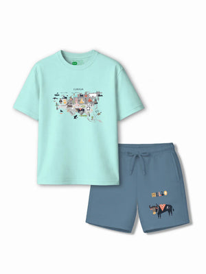 Eurasia Light Blue & Dusty Blue Drop Shoulder T-shirt & Shorts Set Size 3-4 Years Bamboo Cotton ‚ Bambify India