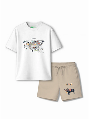 Eurasia White & Beige Drop Shoulder T-shirt & Shorts Set Size 3-4 Years Bamboo Cotton ‚ Bambify India