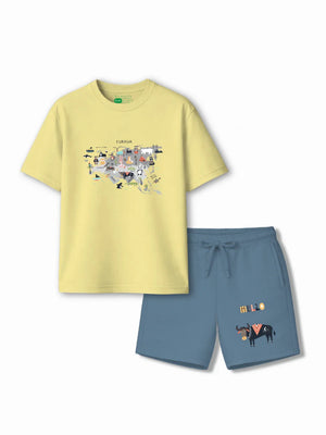 Eurasia Yellow & Dusty Blue Drop Shoulder T-shirt & Shorts Set Size 3-4 Years Bamboo Cotton ‚ Bambify India