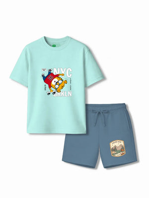 Urban Style Light Blue & Dusty Blue Low Shoulder T-shirt & Shorts Set Size 3-4 Years Bamboo Cotton ‚ Bambify India