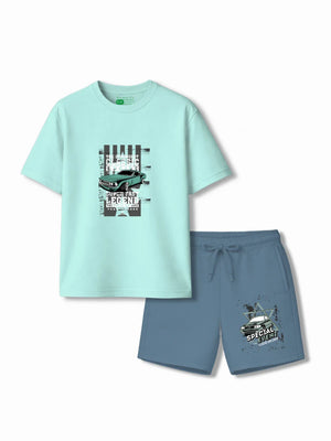 Super Fast Light Blue & Dusty Blue Oversized T-shirt & Shorts Set Size 3-4 Years Bamboo Cotton ‚ Bambify India