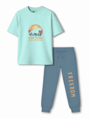 Born to Ride Light Blue & Dusty Blue Kids Tracks Set Size 3-4 Years Bamboo Cotton ‚ Bambify India