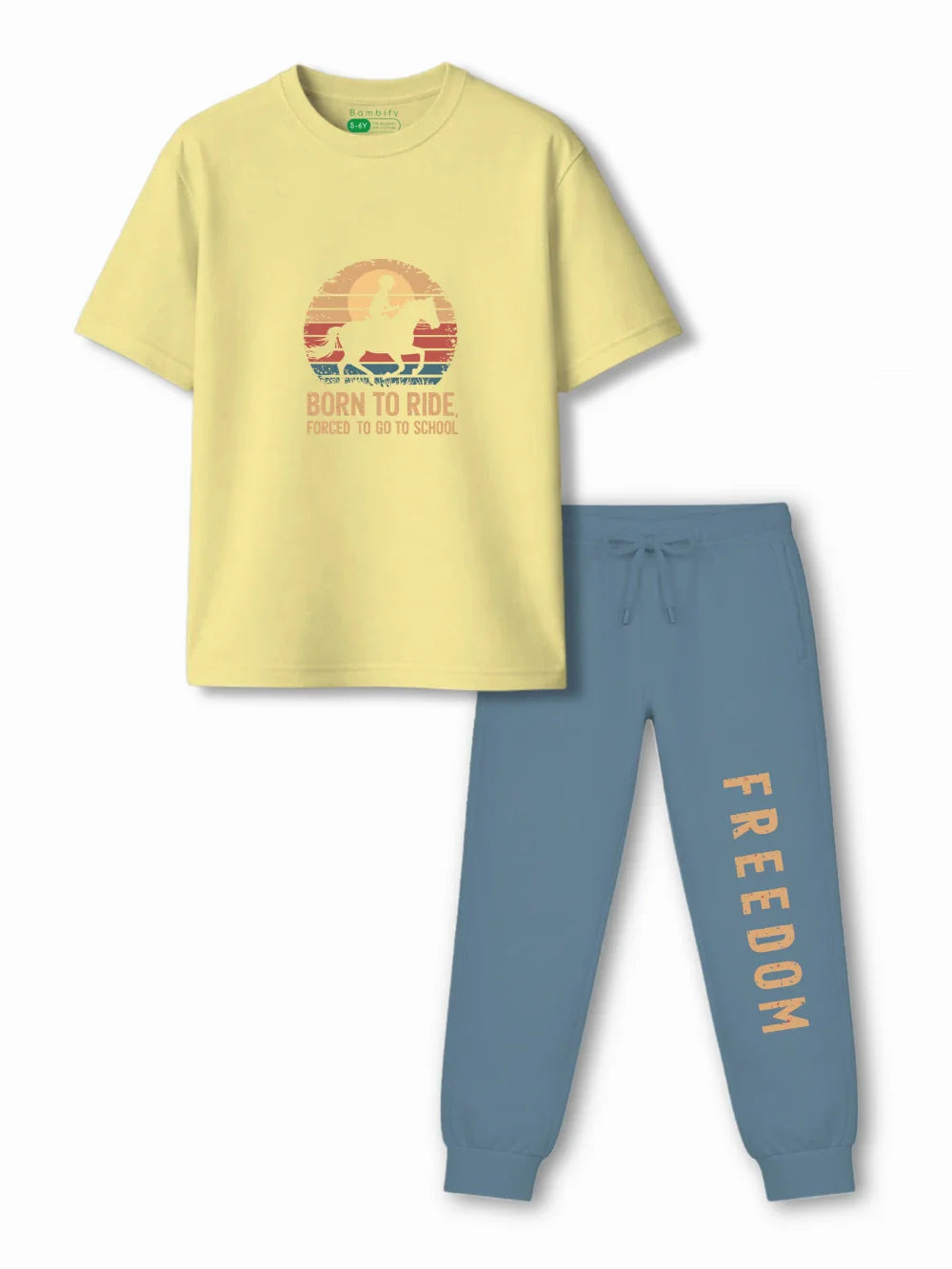 Born to Ride Yellow & Dusty Blue Kids Tracks Set Size 3-4 Years Bamboo Cotton ‚ Bambify India