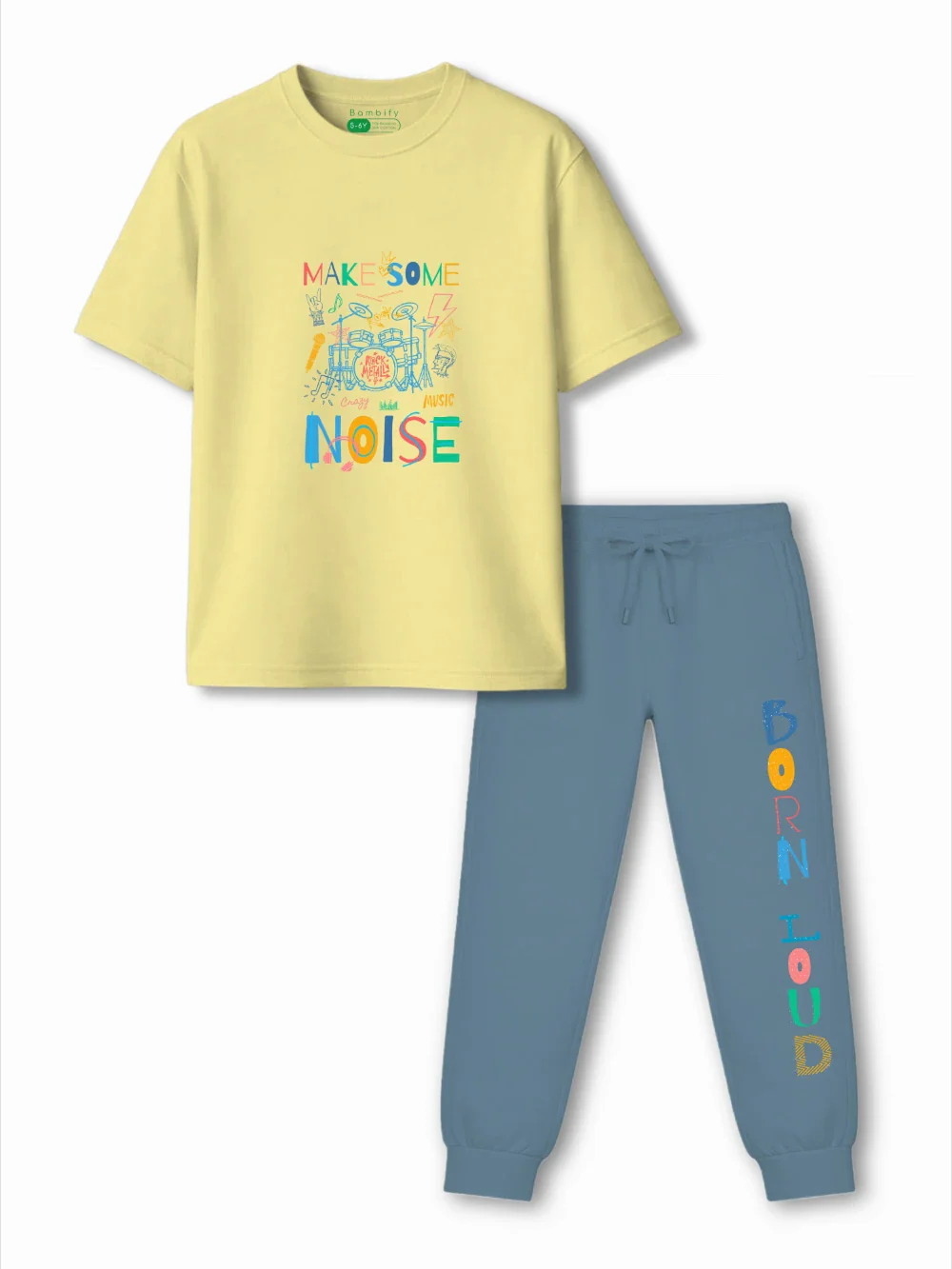 Noise Yellow & Dusty Blue Kids Tracks Set Size 3-4 Years Bamboo Cotton ‚ Bambify India