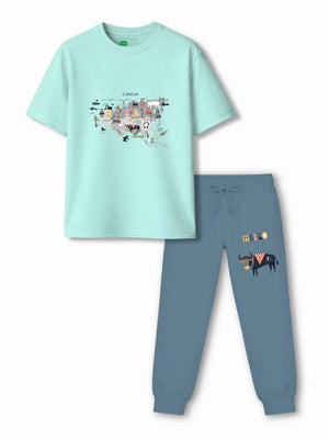 Eurasia Light Blue & Dusty Blue Kids Tracks Set Size 3-4 Years Bamboo Cotton ‚ Bambify India