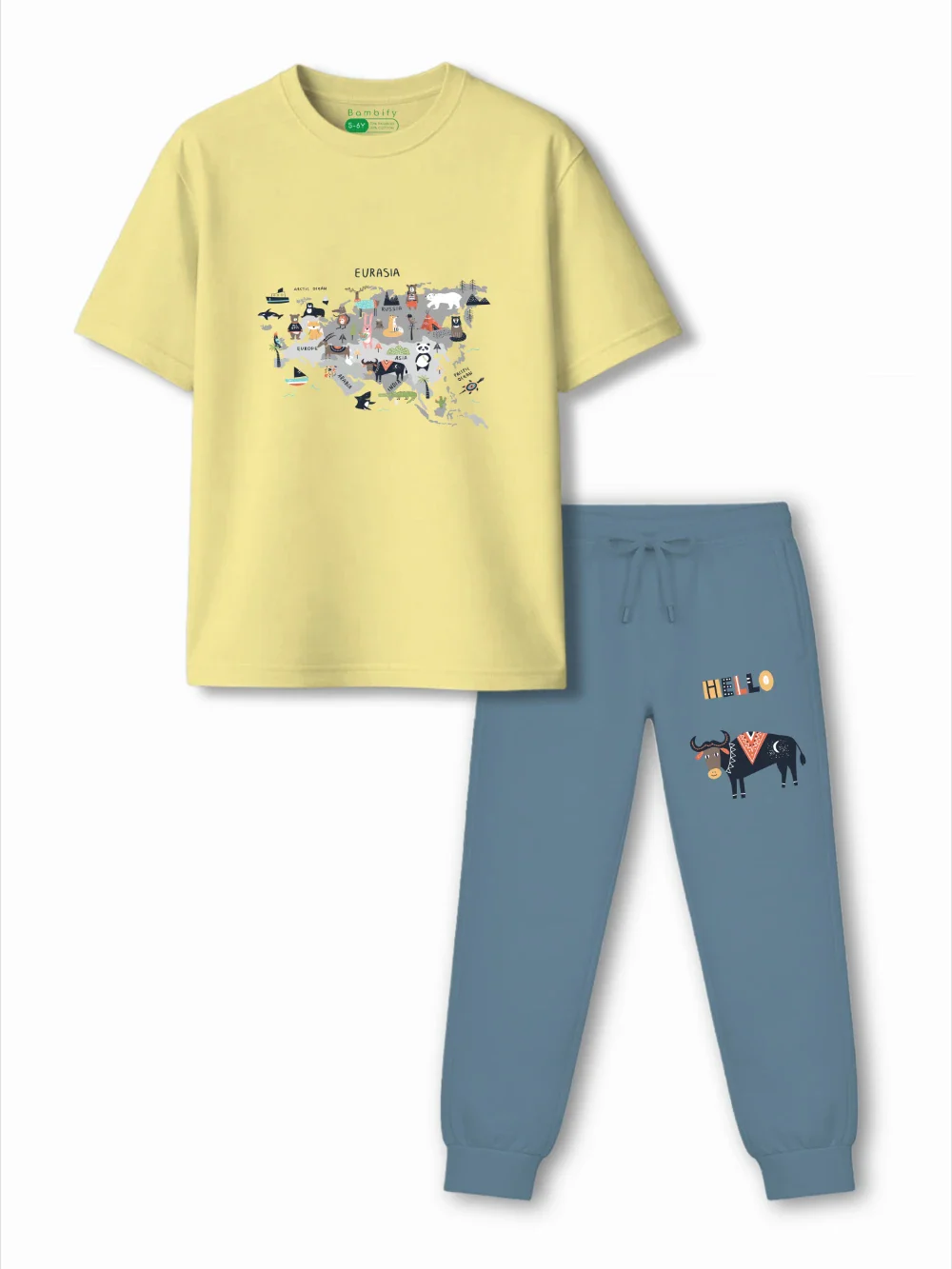 Eurasia Yellow & Dusty Blue Kids Tracks Set Size 3-4 Years Bamboo Cotton ‚ Bambify India