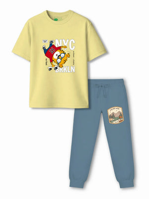 Urban Style Yellow & Dusty Blue Kids Tracks Set Size 3-4 Years Bamboo Cotton ‚ Bambify India