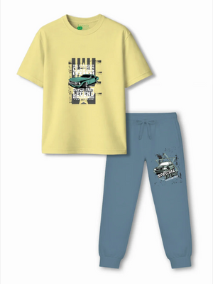 Super Fast Yellow & Dusty Blue Kids Tracks Set Size 3-4 Years Bamboo Cotton ‚ Bambify India