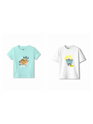 Bambify Kids T-Shirt Set Cheetah Fun & The Lion White & Light Blue 11-12 Years bamboo cotton kids clothing India