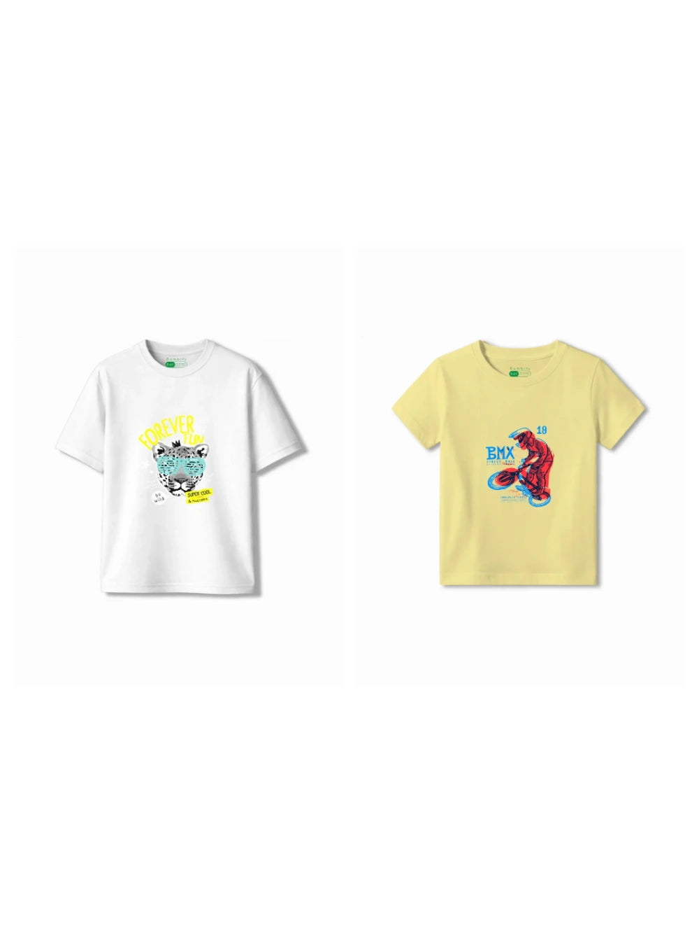 Bambify Kids T-Shirt Set Cheetah Fun & BMX Racing White & Yellow 7-8 Years bamboo cotton kids clothing India