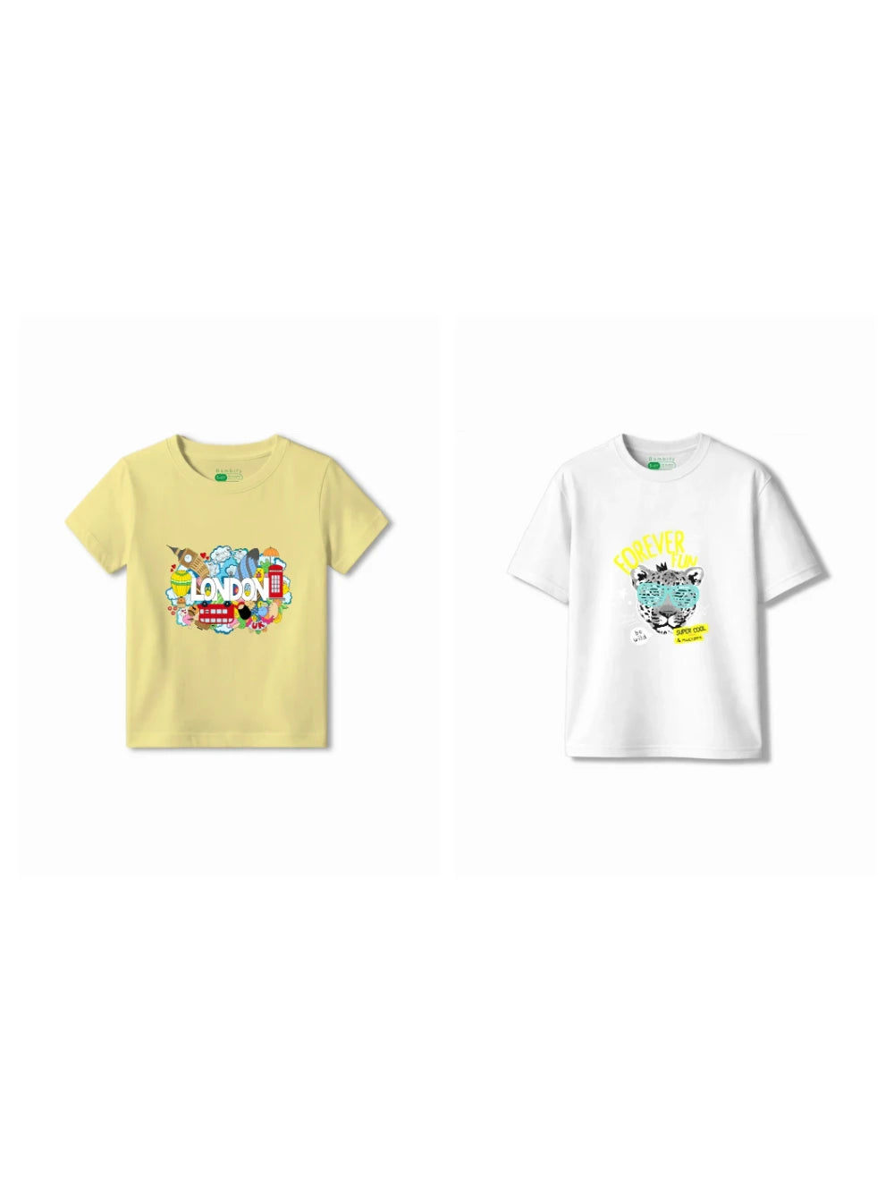 Bambify Kids T-Shirt Set Cheetah Fun & London White & Yellow 3-4 Years bamboo cotton kids clothing India