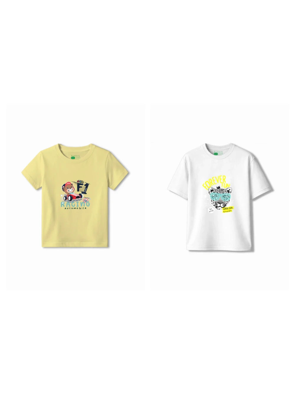 Bambify Kids T-Shirt Set Cheetah Fun & F1 Racing White & Yellow 9-10 Years bamboo cotton kids clothing India
