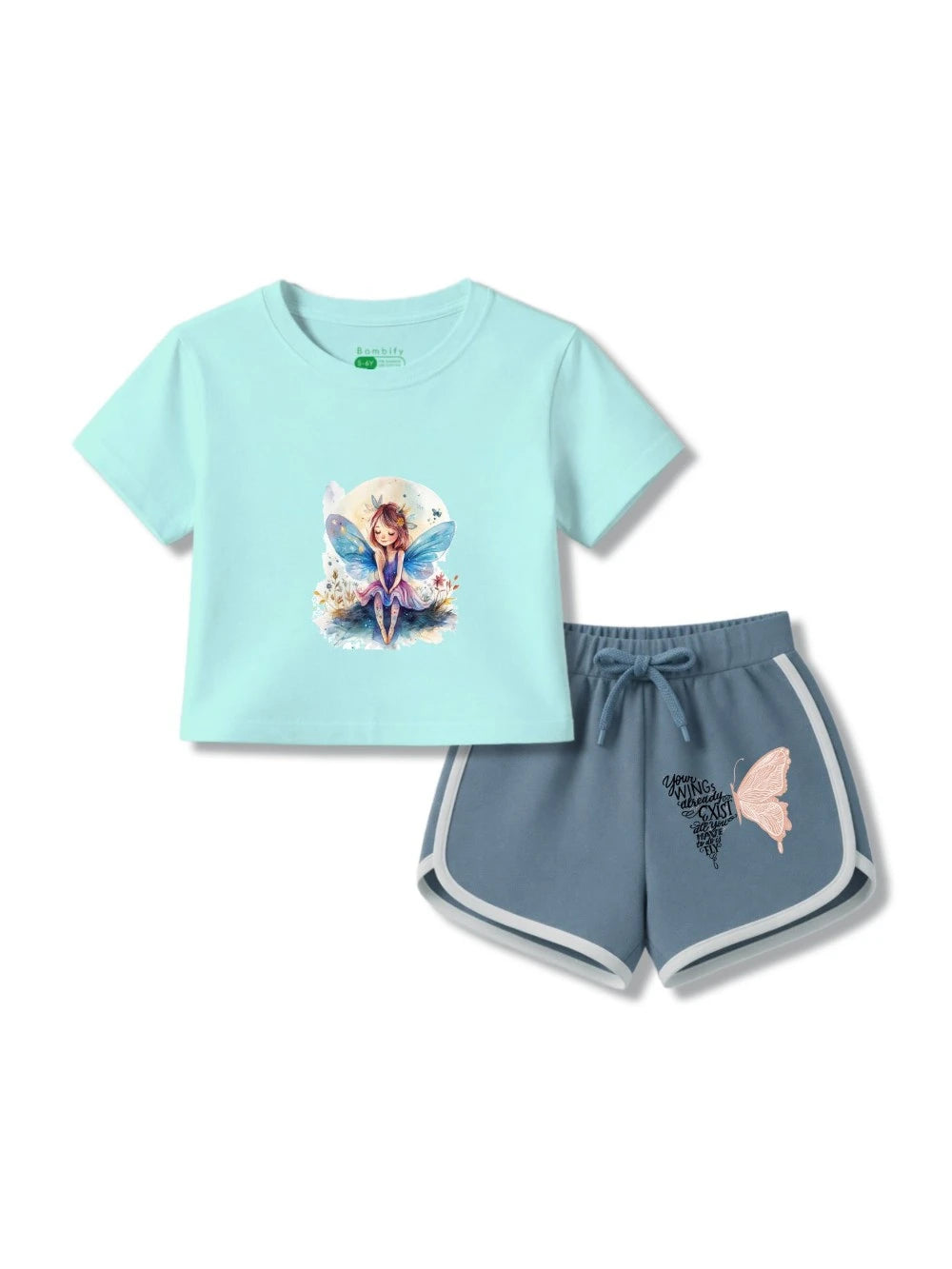 Bambify Girls Dance Time Crop Top & Shorts Set ‚ Angel Light Blue & Dusty Blue Bamboo Cotton Bambify India Light Blue 3-4 Years bamboo cotton kids clothing India